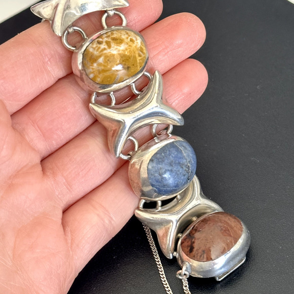 Taxco Vintage 925 Sterling Silver Heavy Chunky Multi Gemstone Link Bracelet 6.5" - Picture 11 of 12